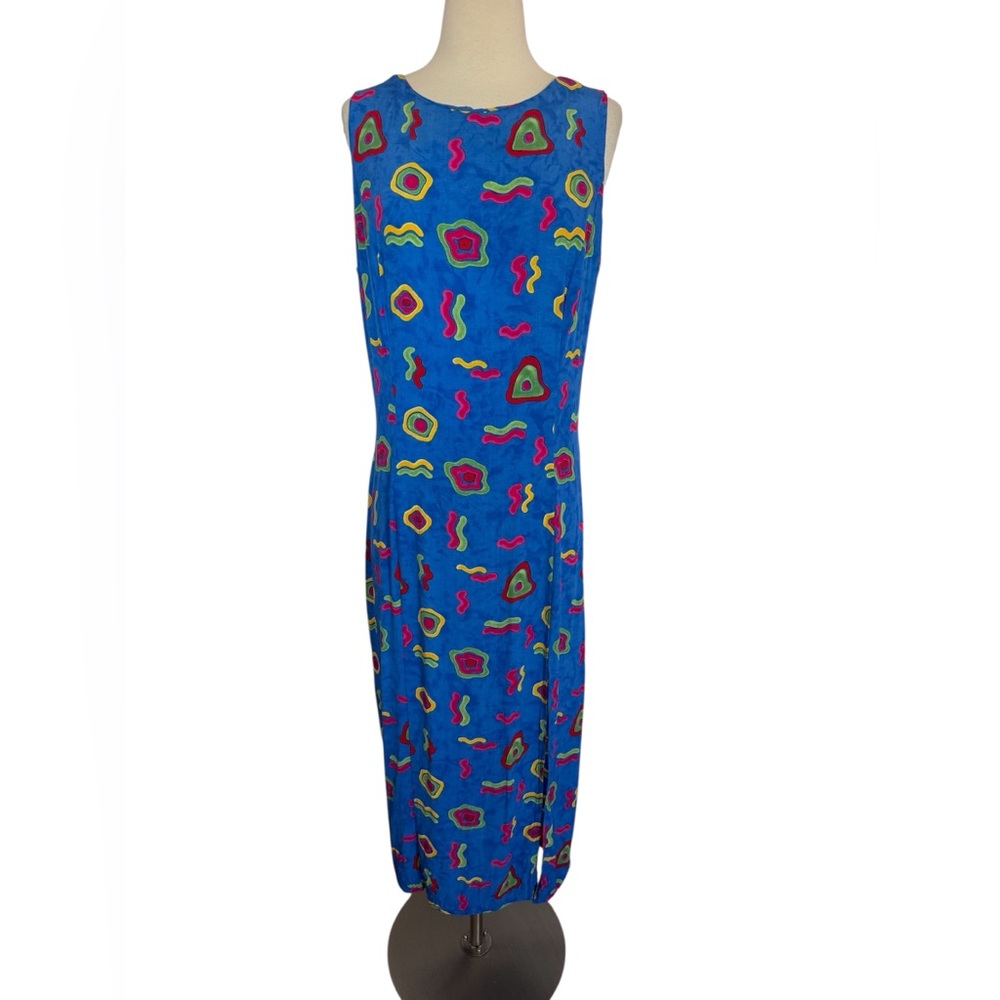 WNY Women’s Maxi Dress Blue multicolor abstract pattern Rayon vintage 90s SZ L